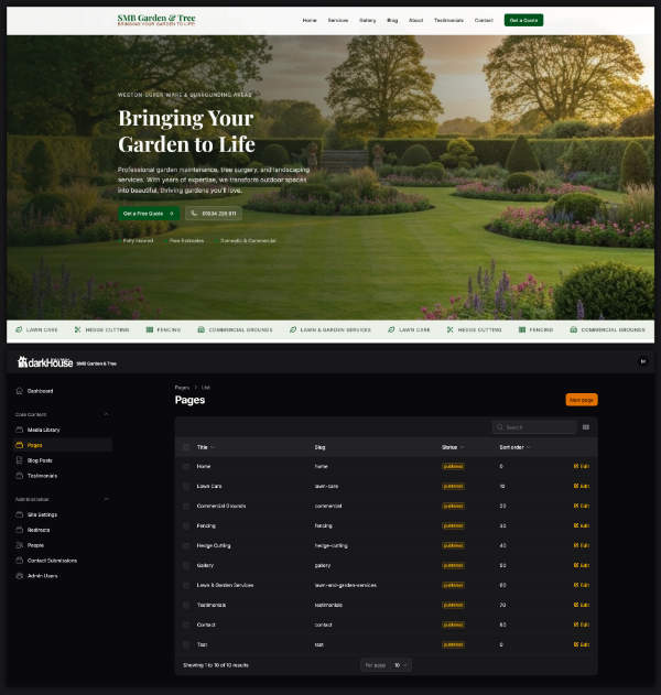 Screenshot of a redesigned small-business website frontend and content management system.